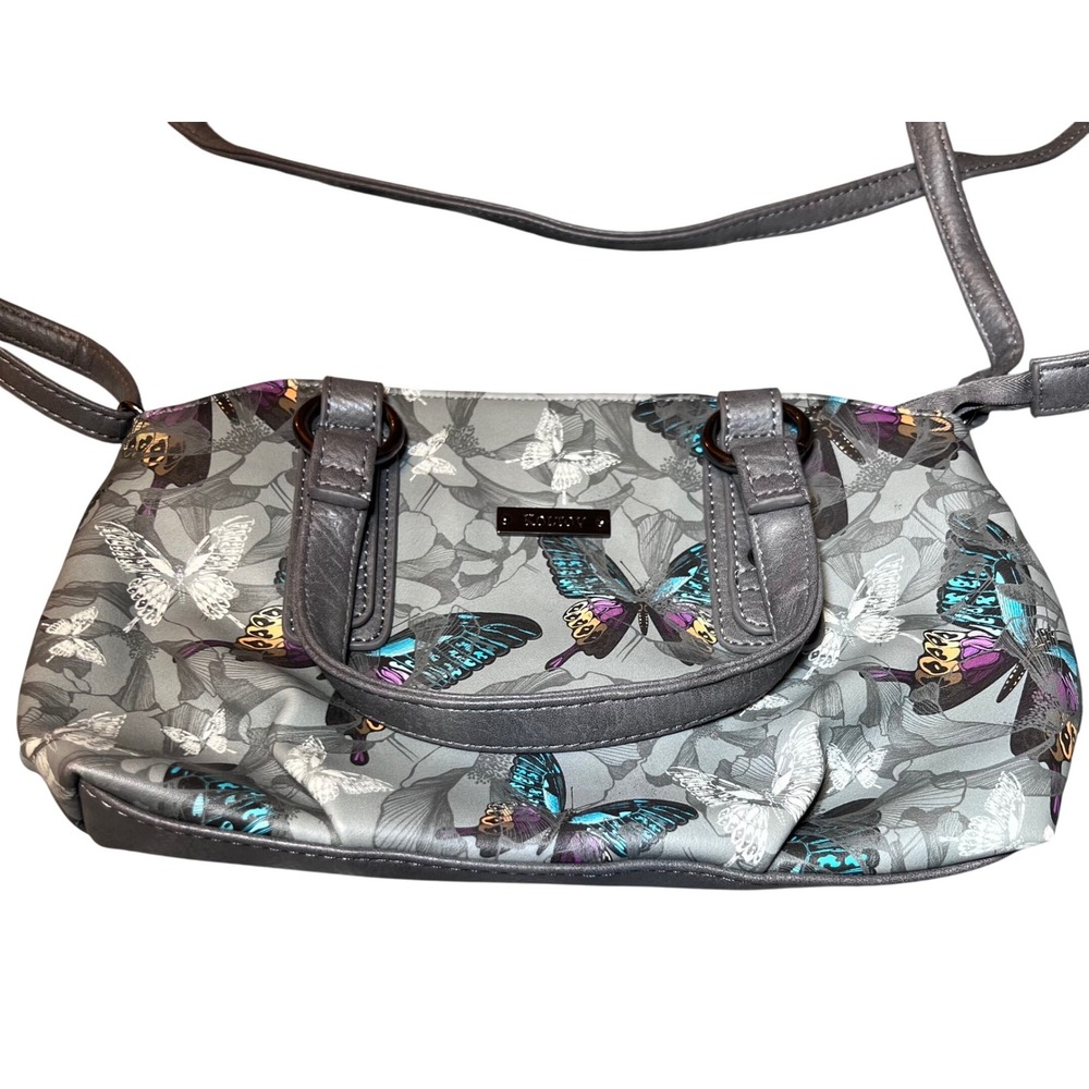 Koltov Grey Butterfly Print Crossbody Bag Handbag Faux Leather Floral Purse - Picture 2 of 15